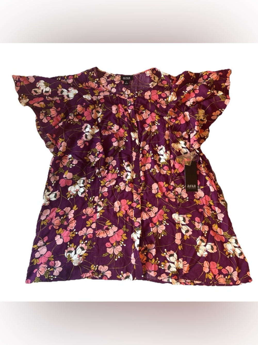 a.n.a Girls Plum Floral Flutter Sleeve Top with Pink & White Flowers